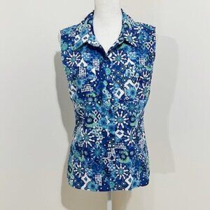 Reel Legends Mariner Blue & White Sleeveless Button Up Top Women's Size M